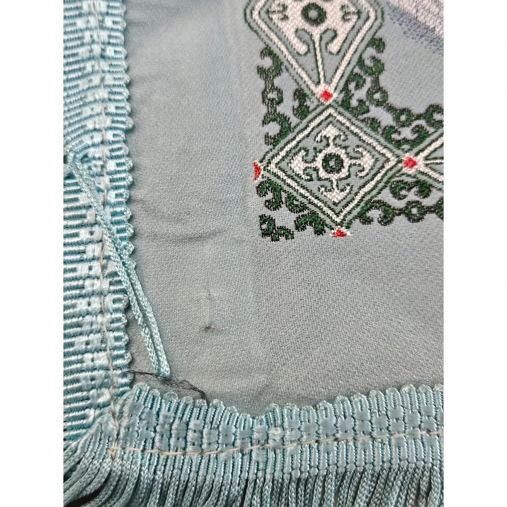 RARE VTG Brocaded Scenic Silk Chinese Tapestry Tablecloth Turquoise Fringe 55x38